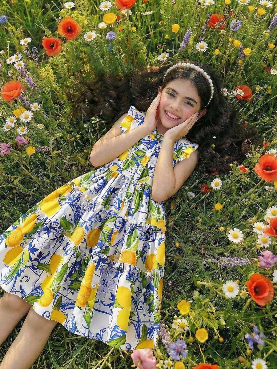 Sparklyn Tween Girl Puff Sleeve Collared Mid-Length Dress With Knitted Belt,Holiday Summer Travel Summer Holiday