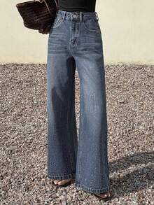 DAZY Women's Regular Waist Loose Rhinestone Embellished Casual Straight Leg Jeans - Medium Wash - View 2