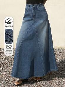 DAZY Falda vaquera larga y holgada de talle regular con línea A para mujer - Azul lavado medio - Ver 1