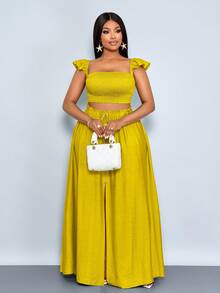 SOLERSUN 大码女士度假浪漫优雅亚麻质感露肩小飞袖短款上衣搭配A字前开衩长裙套装，女士两件套，休闲日常穿着，适合日常穿搭、购物、约会和海岛度假，享受静谧奢华假期 - 芥末黃 - 查看 4