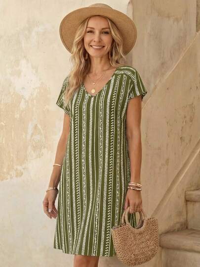 Faunlyn Women's Casual Striped Short Sleeve Dress Green Casual Dress Women Striped Summer Dress Green Summer Dress Women Summer Causal Dress Short Sleeve Summer Dress