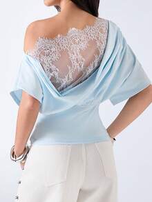 LYSMO 2026 New Arrive Minimalism Spring/Summer Women's Lace Patchwork Ruffle Asymmetric Shoulder Casual Versatile Daily T-Shirt - Mint Blue - View 1