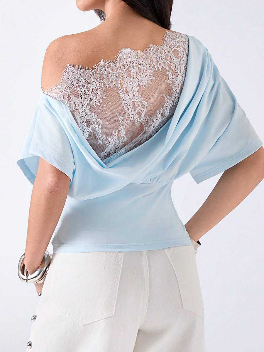 LYSMO 2026 New Arrive Minimalism Spring/Summer Women's Lace Patchwork Ruffle Asymmetric Shoulder Casual Versatile Daily T-Shirt - Mint Blue - View 1