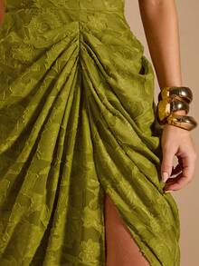 SHEIN BAE Vestido elegante y sexy para mujer con detalles de halter, lazo y abertura lateral alta, en tejido jacquard de color verde sólido, adecuado para vacaciones, citas, festivales de música, cumpleaños, brunch, invitados de boda, damas de honor - Verde - Ver 3