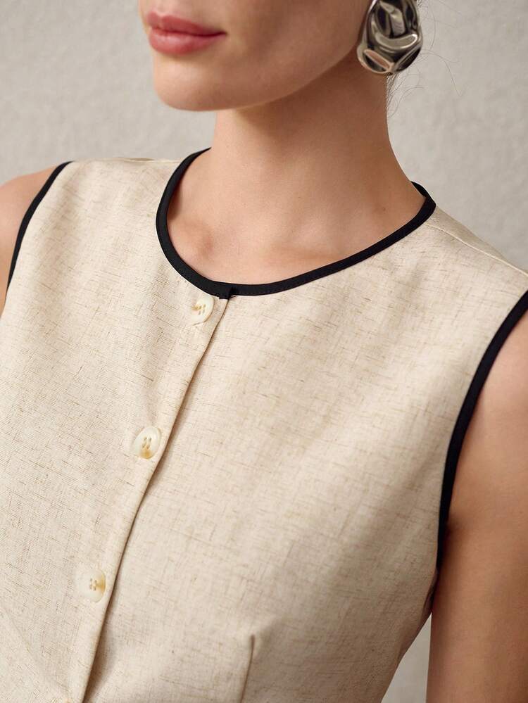CONTRAST BINDING BUTTON PLACKET SLIM WAIST TANK TOP