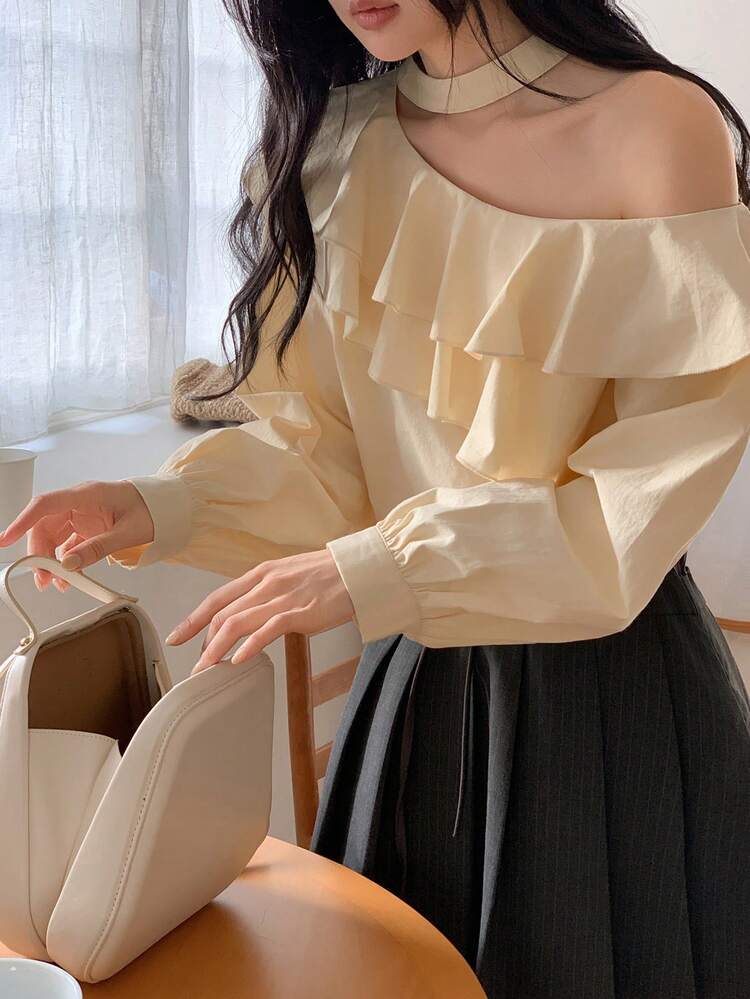 Women's Tie-Up Off-Shoulder Korean Style Ruffle Trim Blouse Summer