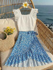 Bộ đồ đi nghỉ mát dành cho thiếu nữ: Áo thun trơn màu và chân váy xếp ly họa tiết hoa. - Màu xanh lam - Xem 2