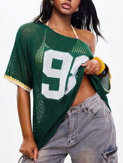 Coolane 女士春夏巴西街头风情侣同款针织绿色条纹数字印花宽松针织罩衫上衣，适合上学穿着，厚实露肩毛衣