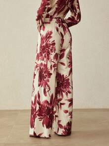 MOTF PREMIUM 亚麻印花极简直筒阔腿裤，春夏款 - 酒紅色 - 查看 4