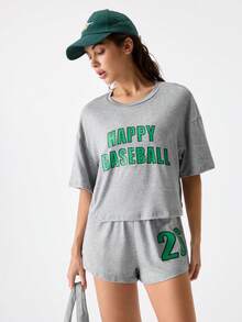 Miss Vinta Letter Graphic Drop Shoulder Top & Shorts Lounge Set Outfit - Light Grey - View 8