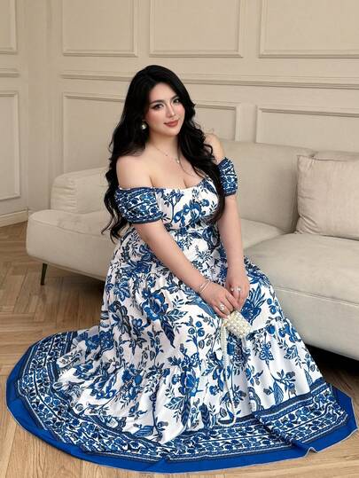 Vibekara Đầm trễ vai in hoa thanh lịch cỡ lớn, thích hợp cho mùa hè.