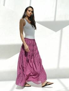 KSTM Women's High Waisted Paisley Print Maxi Skirt With Tiered Ruffle Details And Flowy A-Line Silhouette For Summer Beach Vacation - Purple - View 7