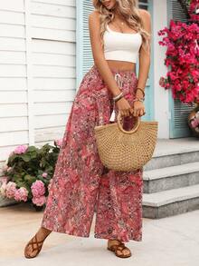 SHEIN Holidaya Women's New Pink Tone Retro Floral Print Wide-Leg Pants - Elastic Waist Drawstring Tassel + Ruffled Hem, Bohemian Vacation Style / Daily Casual High-Waist Drapey Trousers - Multicolor - View 3