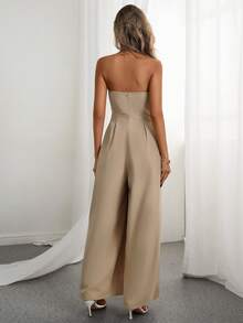 Rafferiza Fashionable Sexy Strapless Sleeveless Metal Buckle Jumpsuit - Khaki - View 2