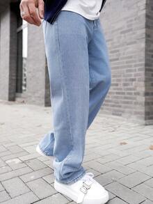 Artur Kramer 寬鬆版型男士棉質牛仔褲，斜口口袋喇叭口長褲冲浪滑板褲貨運褲平口淺藍色休閒日出遊Y2K風格喜劇之友 - 淺色水洗藍 - 查看 3