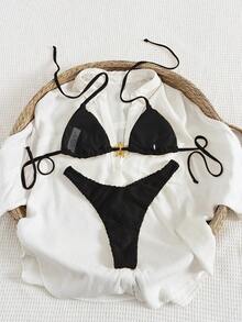 Swim Vcay Conjunto de bikini bohemio de 2 piezas "Swim Vacay", de color blanco crema sólido con textura, con tirantes ajustables, Bottom con espalda en T y pierna alta, tela jacquard especial y decoración de estrella de mar de metal, traje de baño lujoso, de moda y sexy para vacaciones de verano, atuendo de mujer - Negro - Ver 2