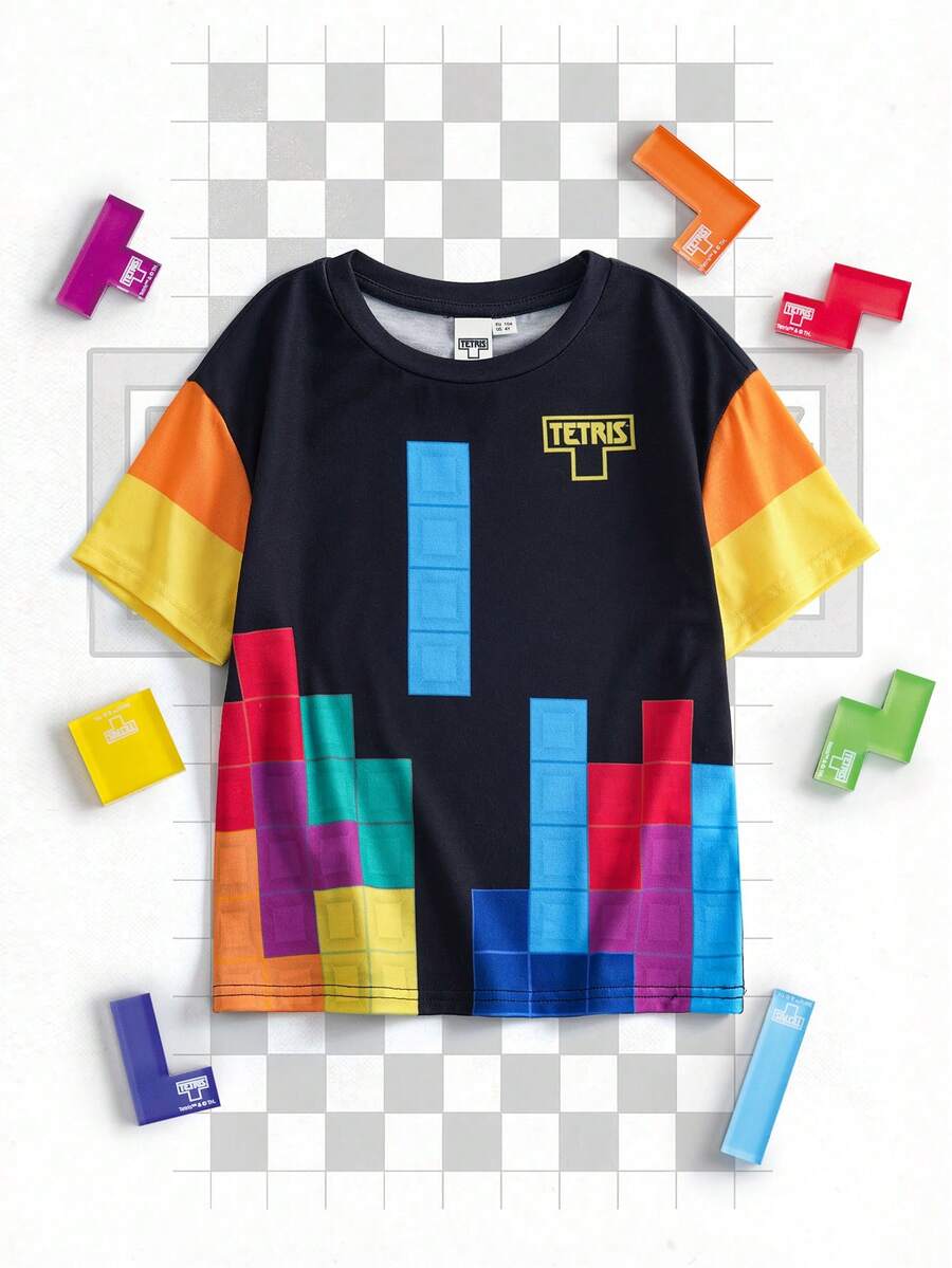 Tetris™ X SHEIN 1pc Casual Young Boy Colorful Geometric Print Round Neck Short Sleeve T-Shirt - Black - View 1