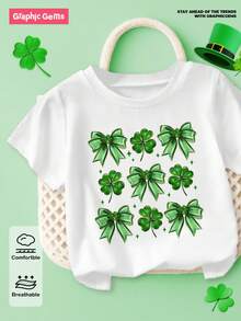 Young Girl Casual Minimalist Fashion Short Sleeve T-Shirt, St. Patrick's Day Bow Design Pattern, St. Patrick's Day T-Shirt, Clover Bow, Fashionable Round Neck Short Sleeve T-Shirt Suitable For Spring And Summer, Comfortable And Relaxed, Summer Wear, Casual Fashion, Spring And Summer Street Wear, Outdoor Picnic, Street Photography, Campus, Holiday, Gift - White - View 6