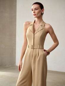 MOTF PREMIUM Bộ jumpsuit dài hở lưng cổ yếm bằng vải lanh thời trang - Màu Khaki - Xem 4