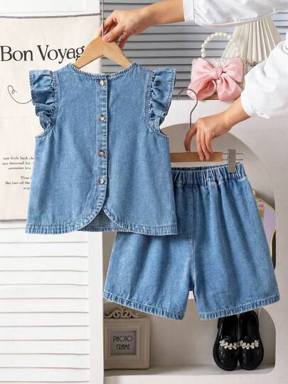 LMoss Kids Set de 2 piezas de top y pantalones sueltos de mezclilla azul para niñas preadolescentes