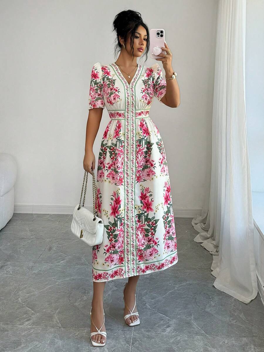 Elenzga 女士印花V领泡泡袖优雅度假连衣裙 - 玫紅色 - 查看 1