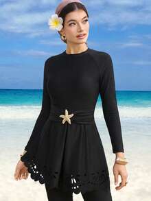 Swim Shayni Crew Neck Solid Color Hollow Starfish Decor 2 Pieces Set - Black - View 3