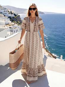 Franclia Holidaya 女士优雅 2026 春夏度假沙滩日常时尚休闲 V 领喇叭袖复古长裙 - 卡其色 - 查看 4