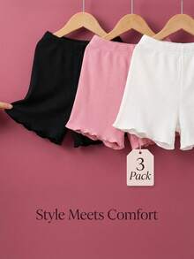 Conjunto de 3 calças curtas infantis femininas, estilo Y2K, básicas e casuais, em malha canelada, nas cores preto, rosa e branco, modelagem slim, elásticas e macias. Perfeitas para férias de verão, praia e primavera. - Multicolorido - Ver 7