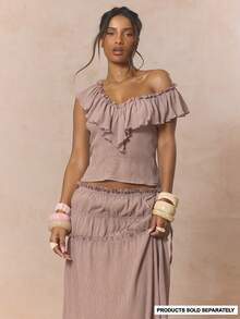 MUSERA Deep V Ruffled Neckline Hem Fitted Crinkled Sleeveless Top Coord Top Only Cute Spring Holiday Girly Sugar Salt - Dusty Purple - View 1