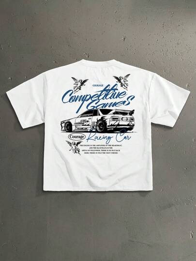 StoneGrade 复古美式天使赛车手写字体印花宽松短款白色T恤，时尚休闲穿搭，约会聚会必备，送给男友的理想礼物