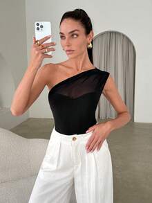 Lavishia Women's Summer Fashion Asymmetric Shoulder Mesh Patchwork Bodysuit - Black - View 1
