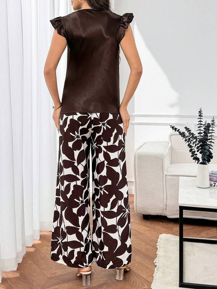 Women's Elegant Commuter Solid Color Flutter Sleeve Top & Floral Print Wide Leg Pants 2-Piece Set, Summer