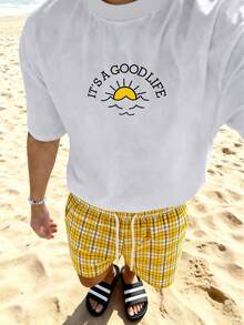 Manfinity Chillmode 男士休闲基础款印花落肩短袖T恤 - 白色 - 查看 2