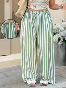 GalTyme 大码女式荷叶边腰带条纹阔腿宽松休闲裤 - 綠色 - 查看 3