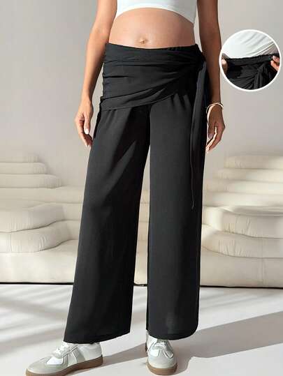 MaterniWear Summer Outfits Maternity Work Clothes Maternity Work Outfits   Maternity Work Pants  Black Low-Rise Loose-Fitting Maternity Pants With Side Ties And Adjustable Elastic For Comfort And To Prevent Constriction Around The Belly. Maternity Elastic Waist Solid Color Casual Pants With Mesh Drawstring Decor