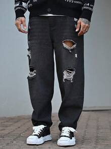 Devon Thys 宽松男式破洞洗水牛仔裤 - 深灰色 - 查看 6