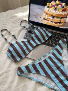 SHEIN Swim 两件套女士时尚可爱性感沙滩装，条纹吊带上衣和三角比基尼泳裤，适合度假和泳池穿着。 - 彩色 - 查看 4