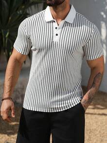 Manfinity Homme 男士休闲通勤条纹纽扣 Polo 衫 - 黑與白 - 查看 3