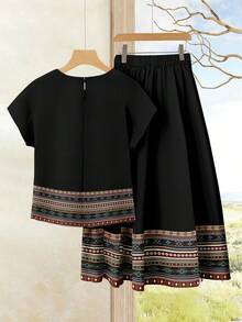 Rusticease 2pcs/Set Women's Vacation Casual Bohemian Top + Printed Skirt Set, Women's Summer Outfit, Summer Skirt Set, Skirt And Top Set, Women's Skirt And Top Set, Printed Skirt Set, Suitable For Vacation, Chic - Multicolor - View 2