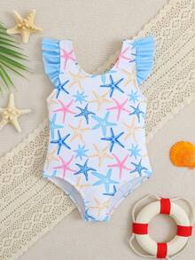 Emery Rose Kids Emery Rose Kids Áo tắm liền thân tay ngắn, hở lưng, trang trí nơ, họa tiết sao biển, thích hợp cho kỳ nghỉ hè ở bãi biển, dành cho bé gái. - Nhiều màu - Xem 7