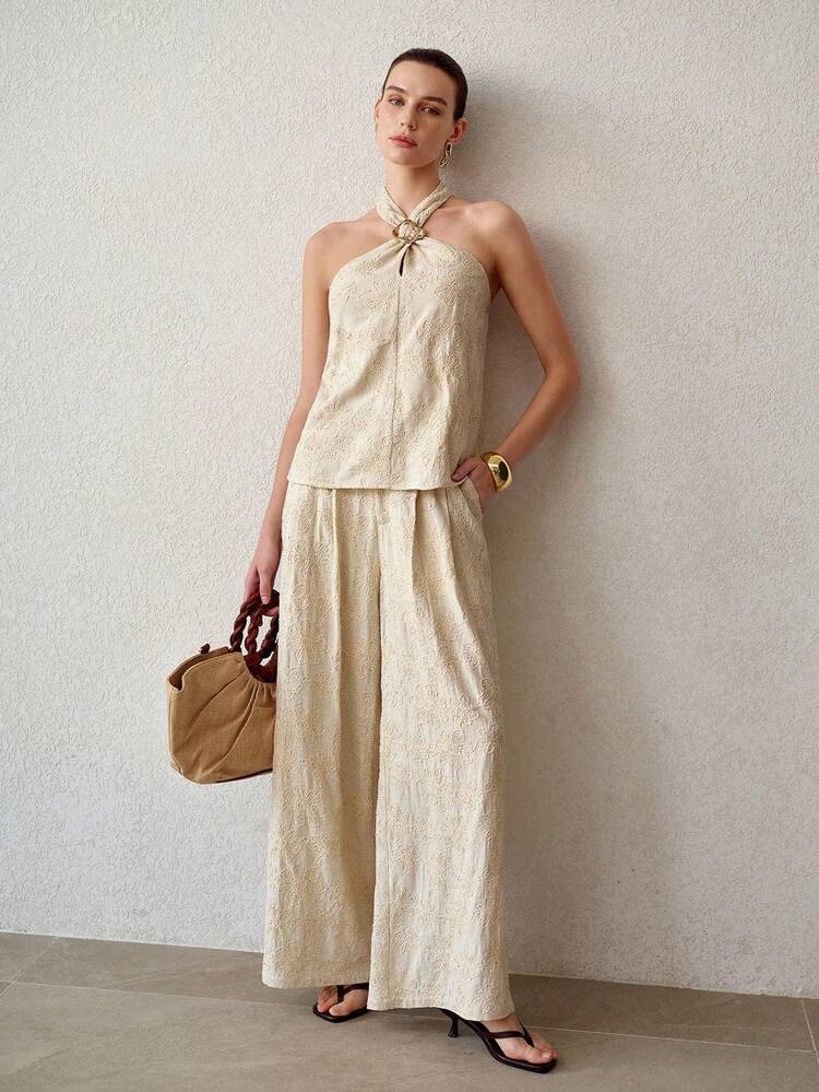 FASHION FLORAL TEXTURED KNIT METAL DETAIL HALTER TOP & WIDE LEG PANTS SET