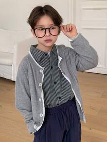 Dazy Kids Tween Boy Crew Neck Contrast Trim Front Button Long Sleeve Sweater Spring - Grey - View 2