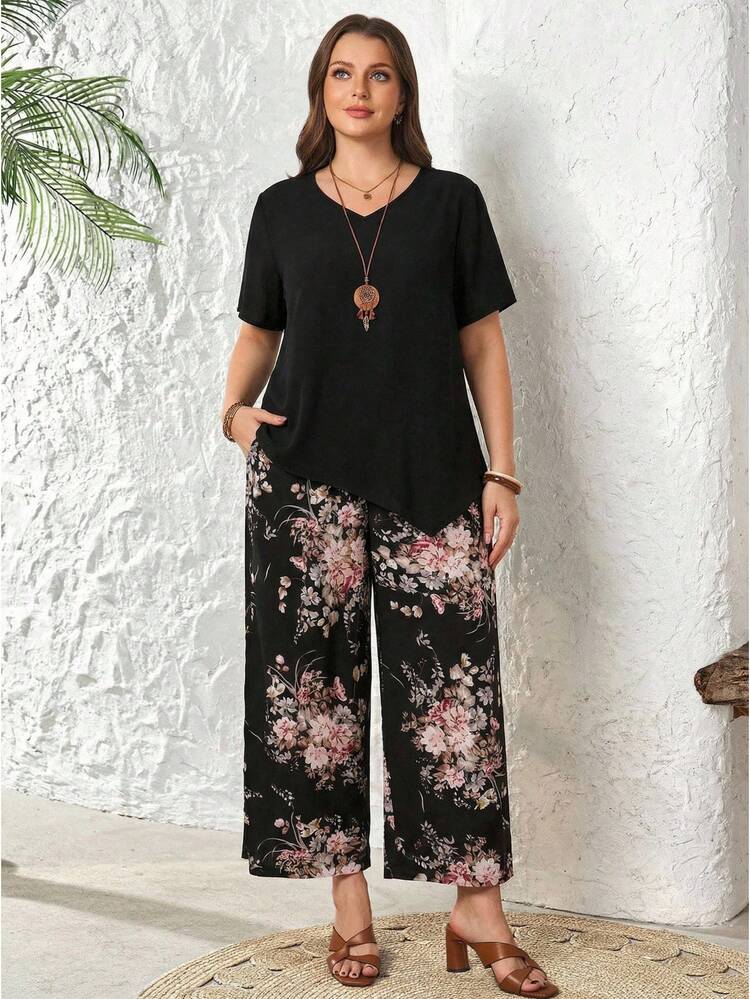 Plus Size Asymmetrical Hem Short Sleeve Top And Floral Print Pants 2 Pieces Set, Spring/Summer,Summer Outfits For Women,Holiday Outfits Boho,Flower/Vacation