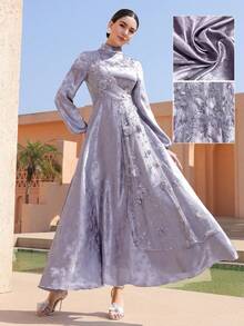 Graceveil 女士优雅提花长袖收腰喇叭阿拉伯风格连衣裙 - 灰色 - 查看 1