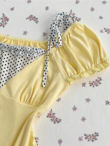 Elamini Women's Short Sleeve Fitted Polka Dot Splice Tie Front Casual T-Shirt - Yellow - View 4