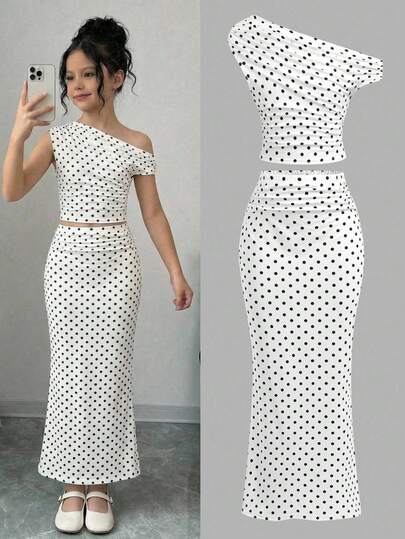 SHEIN Girlism Conjunto informal de camiseta de manga corta ajustada con hombros asimétricos y lunares + falda de cola de pez, adecuado para vacaciones en la playa para adolescentes