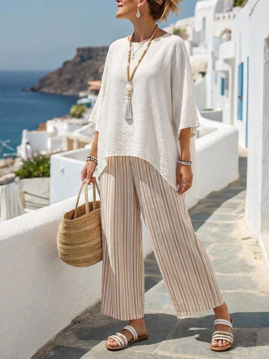 EMERY ROSE Women's Vacation Casual Solid Color Batwing Sleeve Shirt And Striped Pants 2-Piece Set Casual Outfit For Women   Casual Sets For Women  Summer Holiday Outfits Vacation Outfits For Women Ladies Casual Sets Two Piece Set Women Short Sleeve Summer Pants Sets Two Piece Set Women Comfy - White - View 1