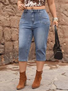 Jeanoix Y2K 大码时尚休闲百搭修身七分牛仔裤 - 淺色水洗藍 - 查看 4