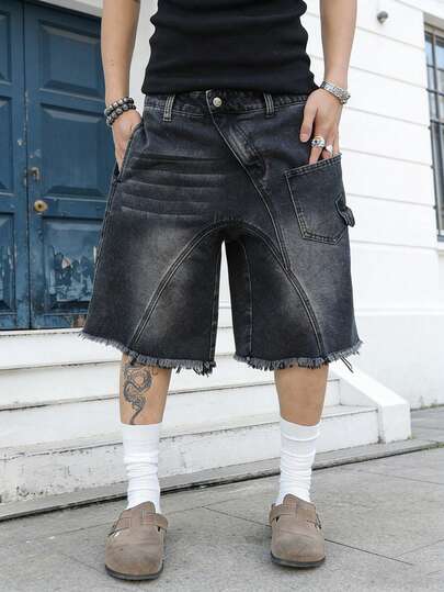 GALLERY FADE 男式前扣口袋磨边简约休闲黑色牛仔短裤