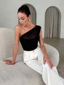 Lavishia Women's Summer Fashion Asymmetric Shoulder Mesh Patchwork Bodysuit - Black - View 6